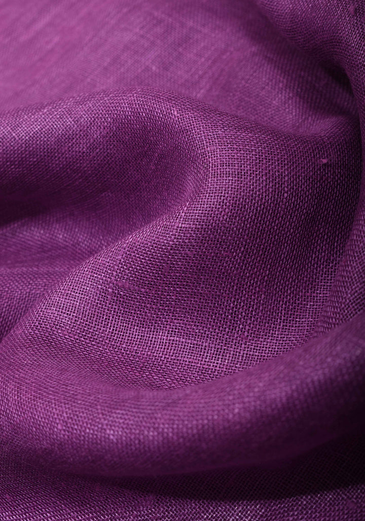 Purple Linen by Linen Saree with Zari Border and contrast green blouse Peice