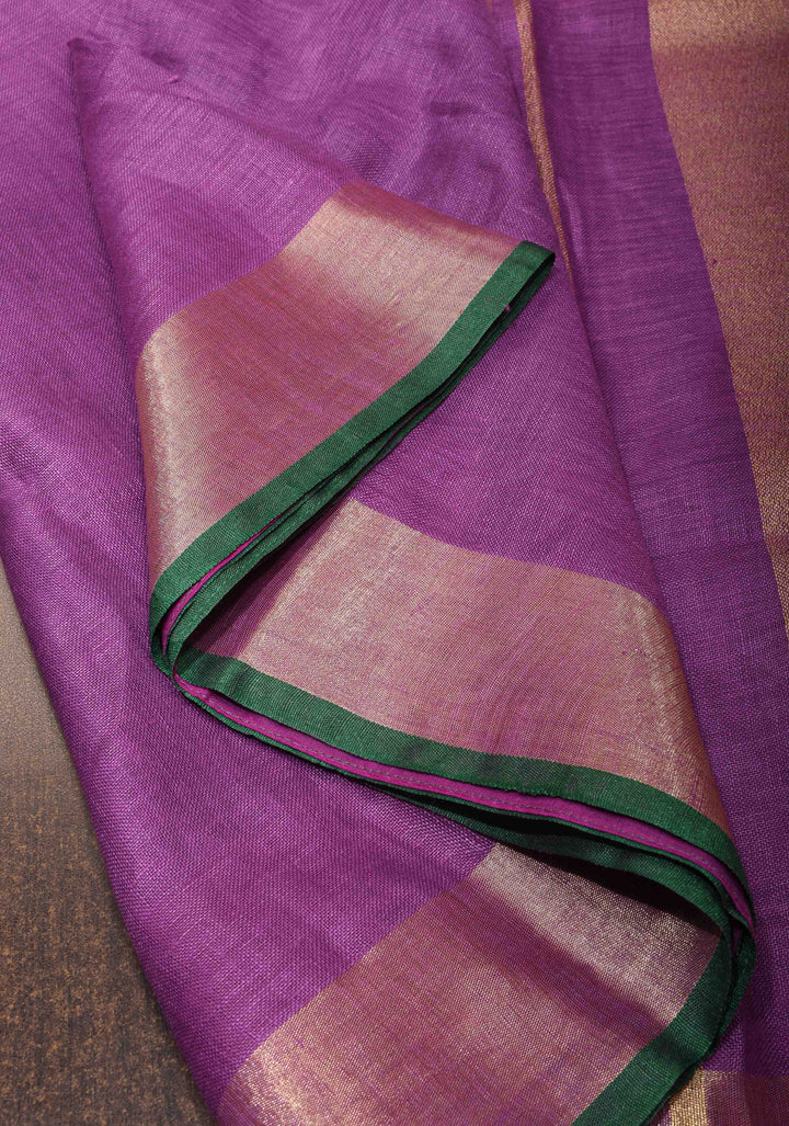 Purple Linen by Linen Saree with Zari Border and contrast green blouse Peice