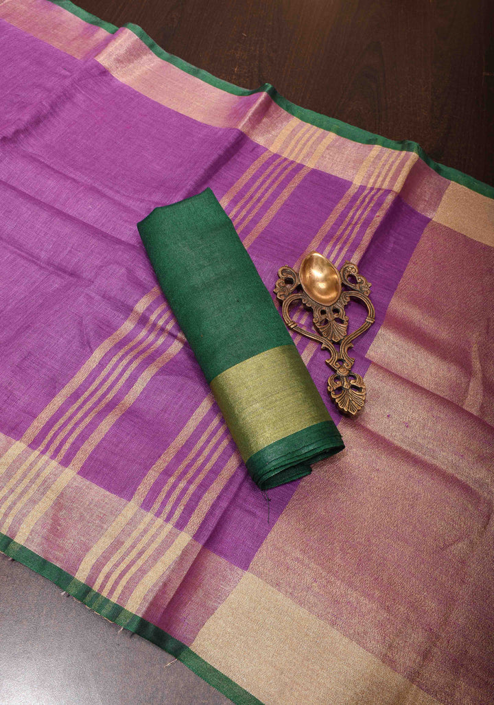 Purple Linen by Linen Saree with Zari Border and contrast green blouse Peice