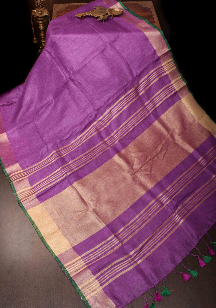 Purple Linen by Linen Saree with Zari Border and contrast green blouse Peice