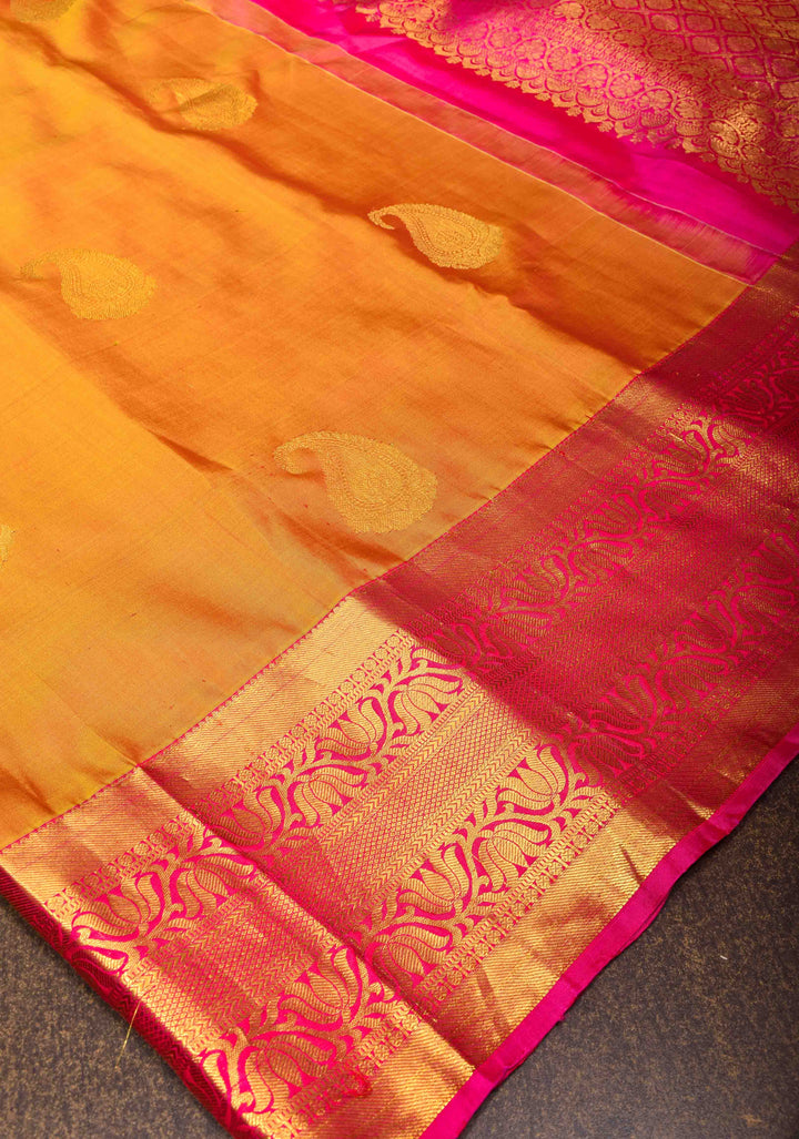 Vibrant Orange Pure Kanjivaram Silk Saree with Paisley Motifs and Wide  Zari Border | SILK MARK CERTIFIED