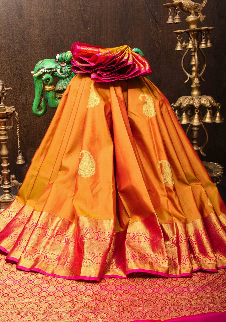 Vibrant Orange Pure Kanjivaram Silk Saree with Paisley Motifs and Wide  Zari Border | SILK MARK CERTIFIED