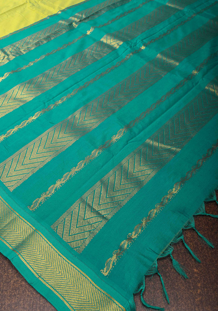 Lime Green Cotton Silk Saree with Teal contrast border