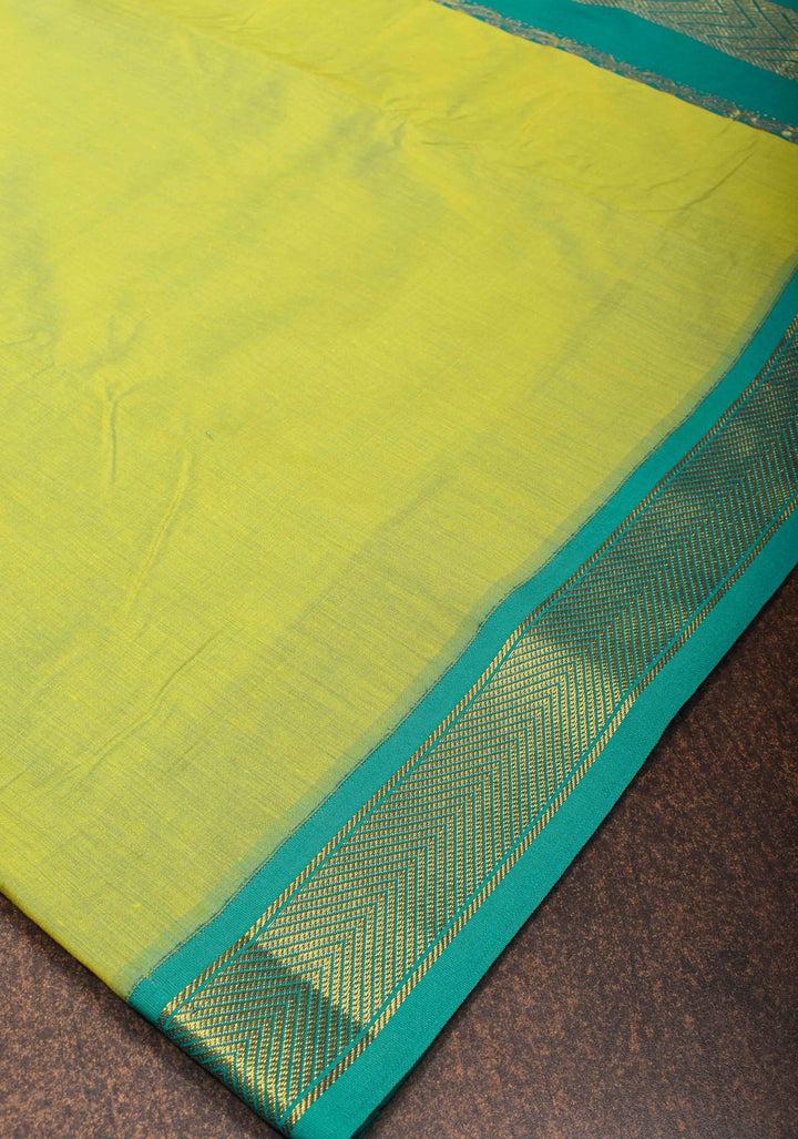 Lime Green Cotton Silk Saree with Teal contrast border