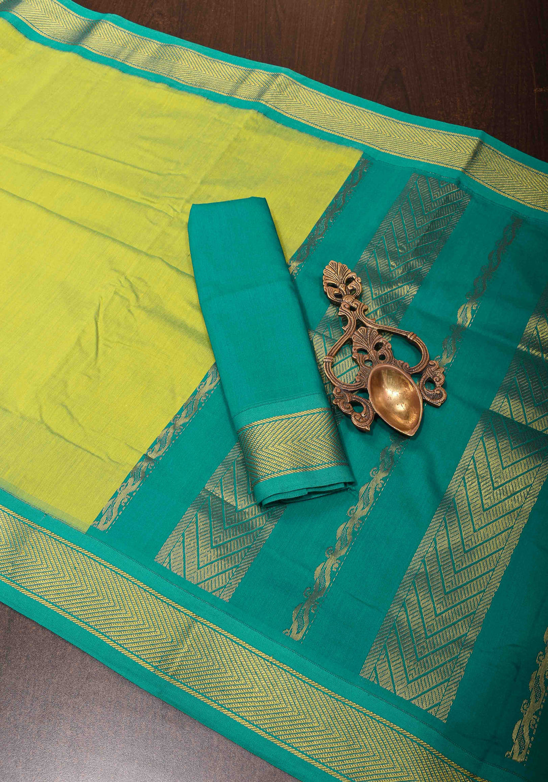 Lime Green Cotton Silk Saree with Teal contrast border