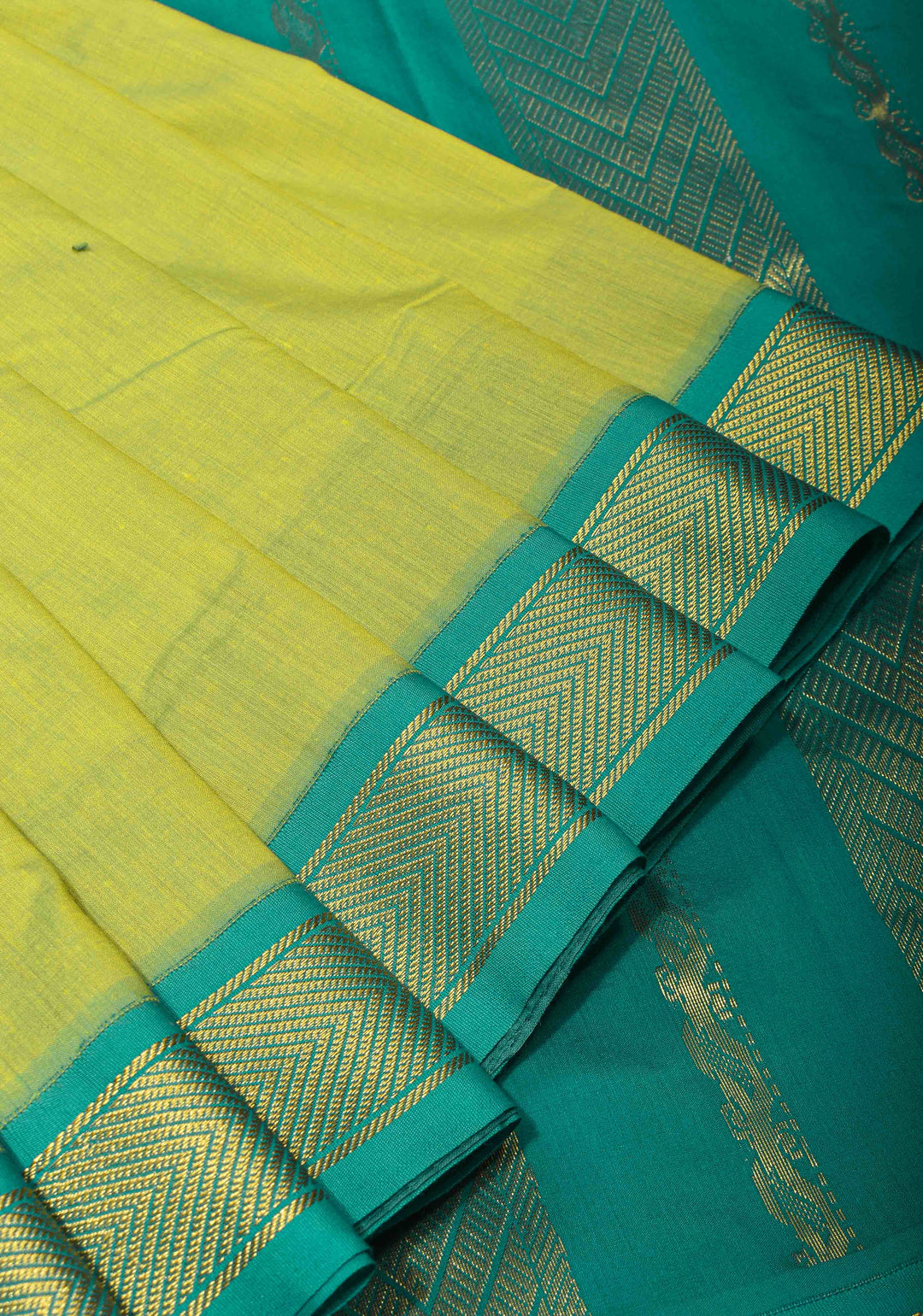 Lime Green Cotton Silk Saree with Teal contrast border