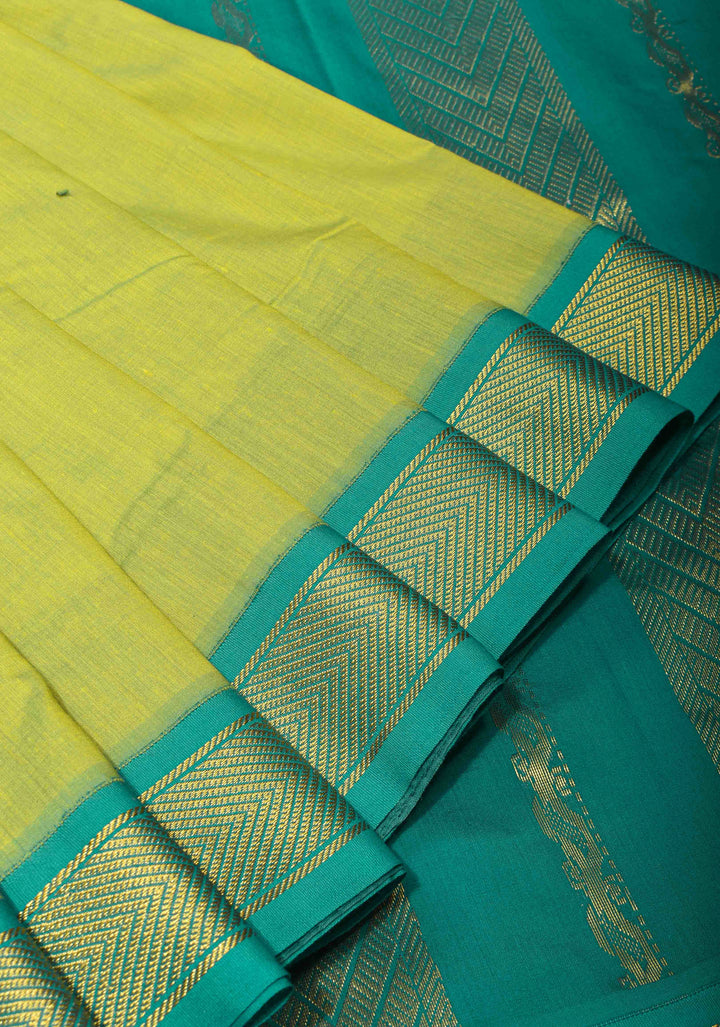 Lime Green Cotton Silk Saree with Teal contrast border