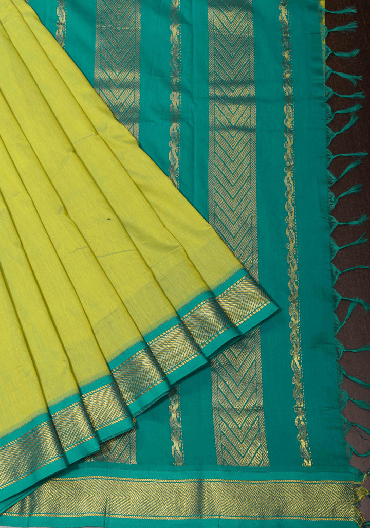 Lime Green Cotton Silk Saree with Teal contrast border
