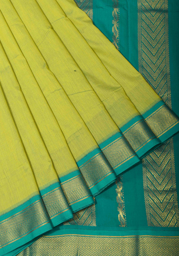 Lime Green Cotton Silk Saree with Teal contrast border