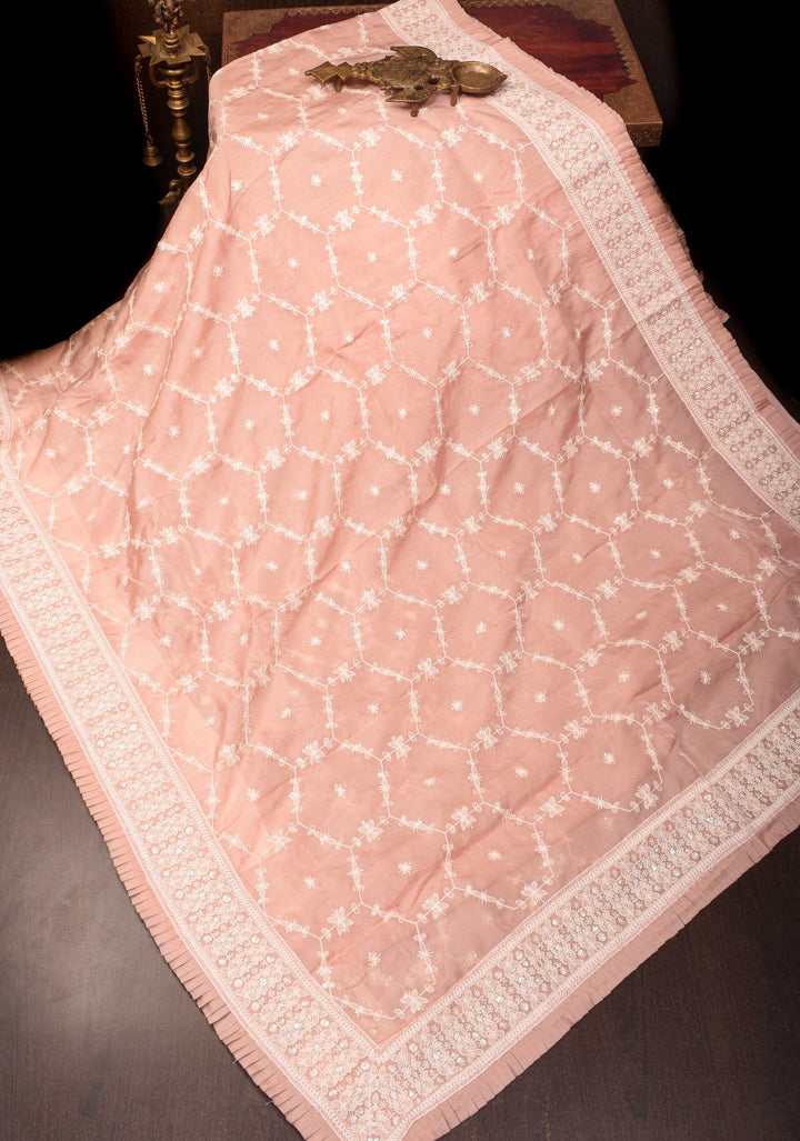 Pale Pink Floral Embroidery Organza Silk Saree with Sequin Work and Pleated Border