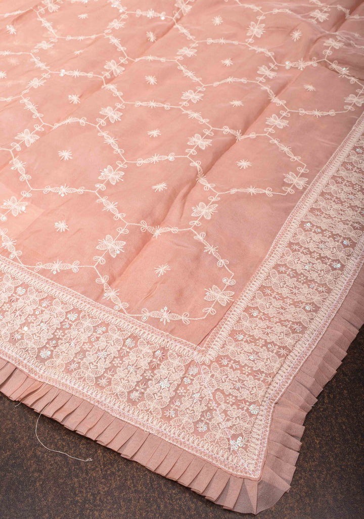 Pale Pink Floral Embroidery Organza Silk Saree with Sequin Work and Pleated Border