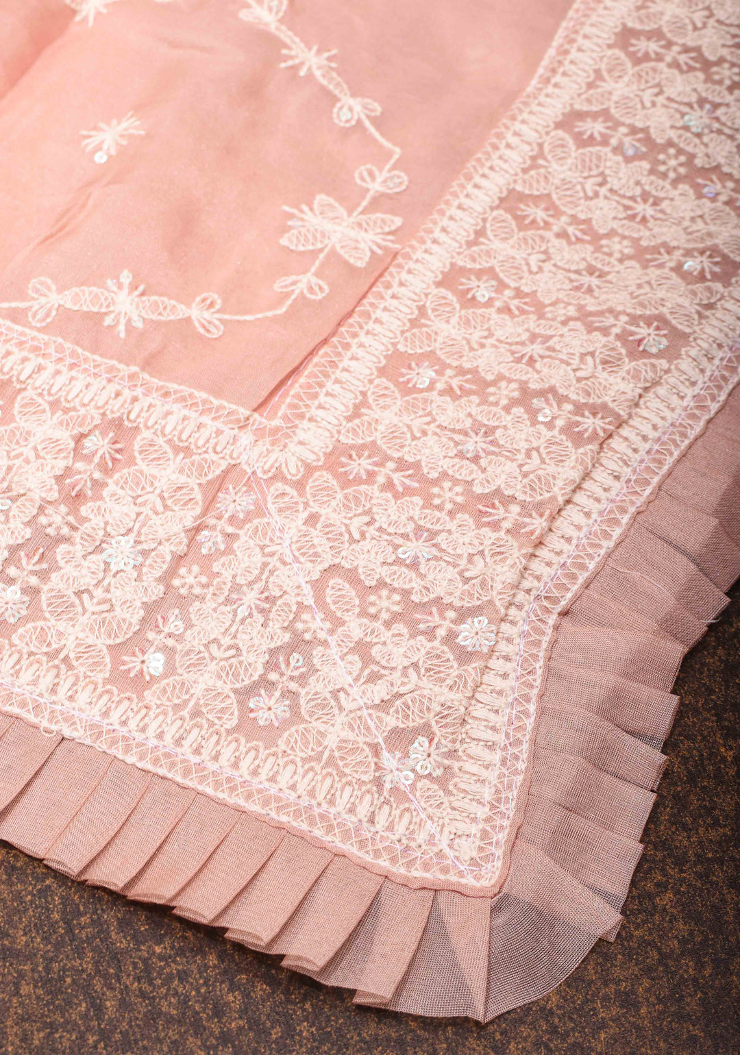 Pale Pink Floral Embroidery Organza Silk Saree with Sequin Work and Pleated Border