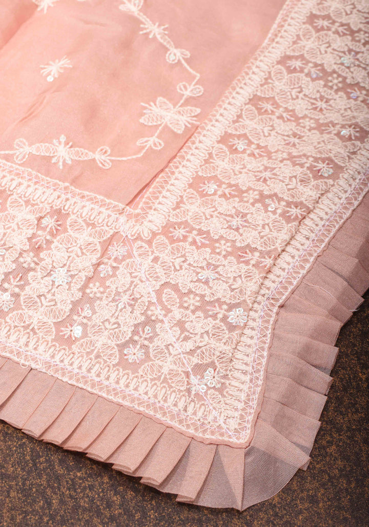 Pale Pink Floral Embroidery Organza Silk Saree with Sequin Work and Pleated Border