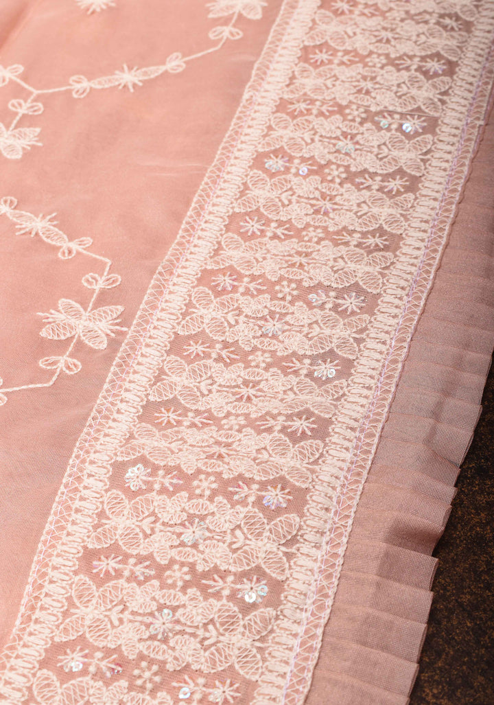 Pale Pink Floral Embroidery Organza Silk Saree with Sequin Work and Pleated Border