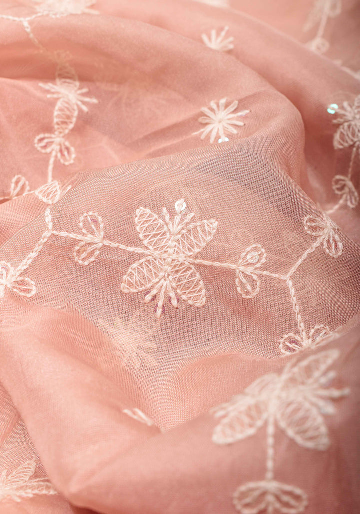 Pale Pink Floral Embroidery Organza Silk Saree with Sequin Work and Pleated Border