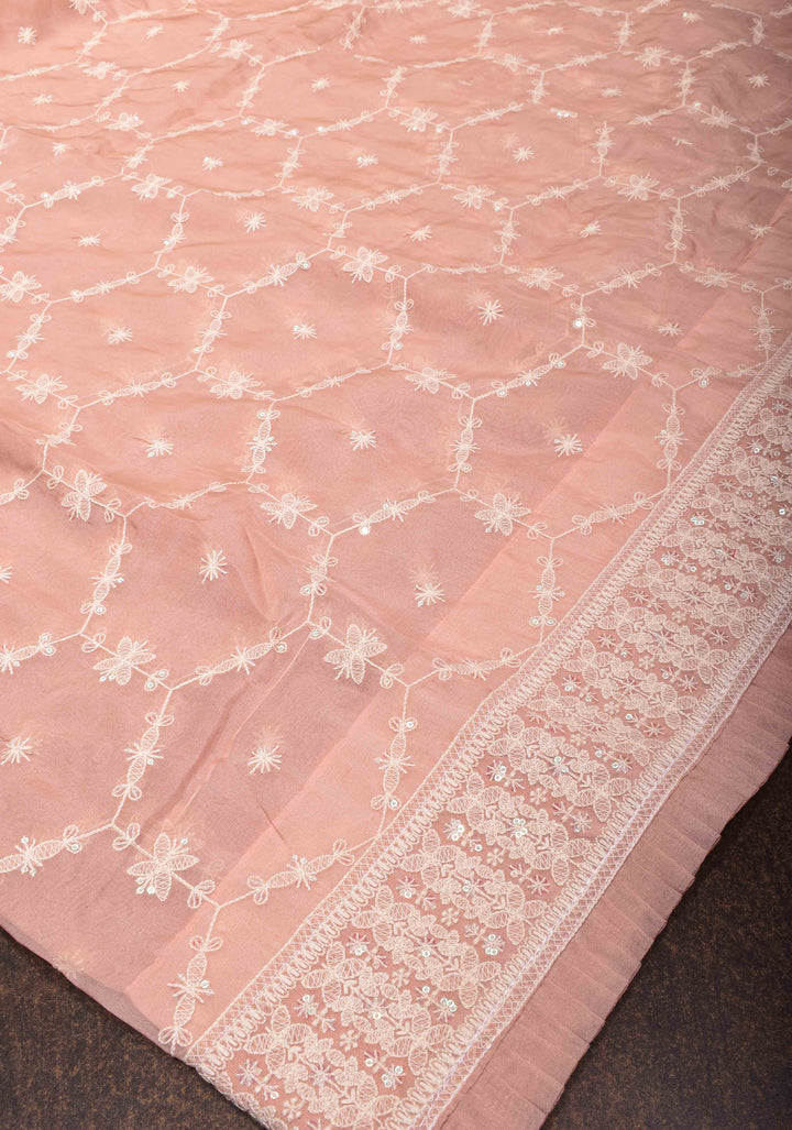 Pale Pink Floral Embroidery Organza Silk Saree with Sequin Work and Pleated Border