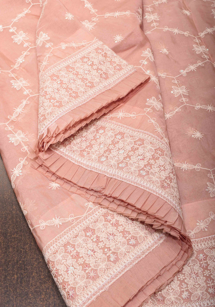 Pale Pink Floral Embroidery Organza Silk Saree with Sequin Work and Pleated Border