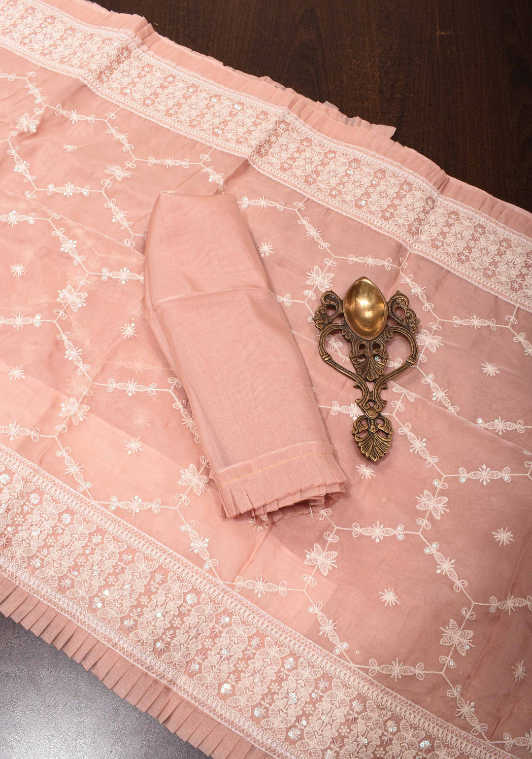 Pale Pink Floral Embroidery Organza Silk Saree with Sequin Work and Pleated Border