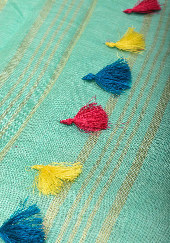 Seafoam Green Linen By  Linen Saree with Zari Border and Multicolor Tassels on Pallu