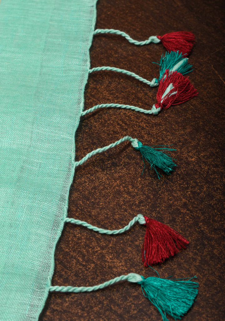 Seafoam Green Linen By  Linen Saree with Zari Border and Multicolor Tassels on Pallu