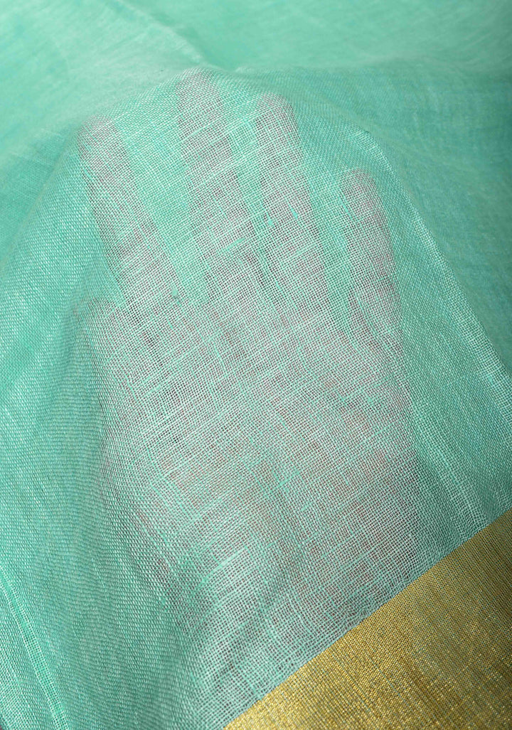 Seafoam Green Linen By  Linen Saree with Zari Border and Multicolor Tassels on Pallu