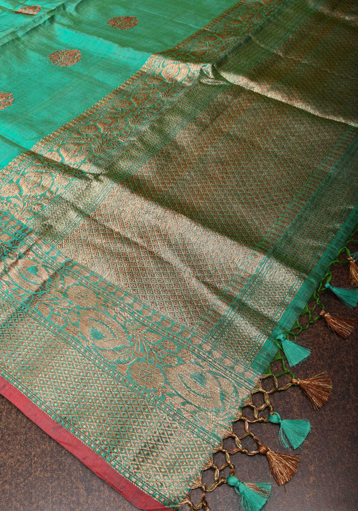 Green Pure Banarasi Raw Silk Saree with Antique Zari Buttas and Zari Border | SILK MARK CERTIFIED