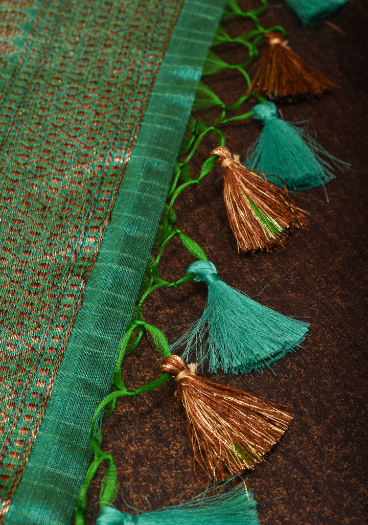 Green Pure Banarasi Raw Silk Saree with Antique Zari Buttas and Zari Border | SILK MARK CERTIFIED