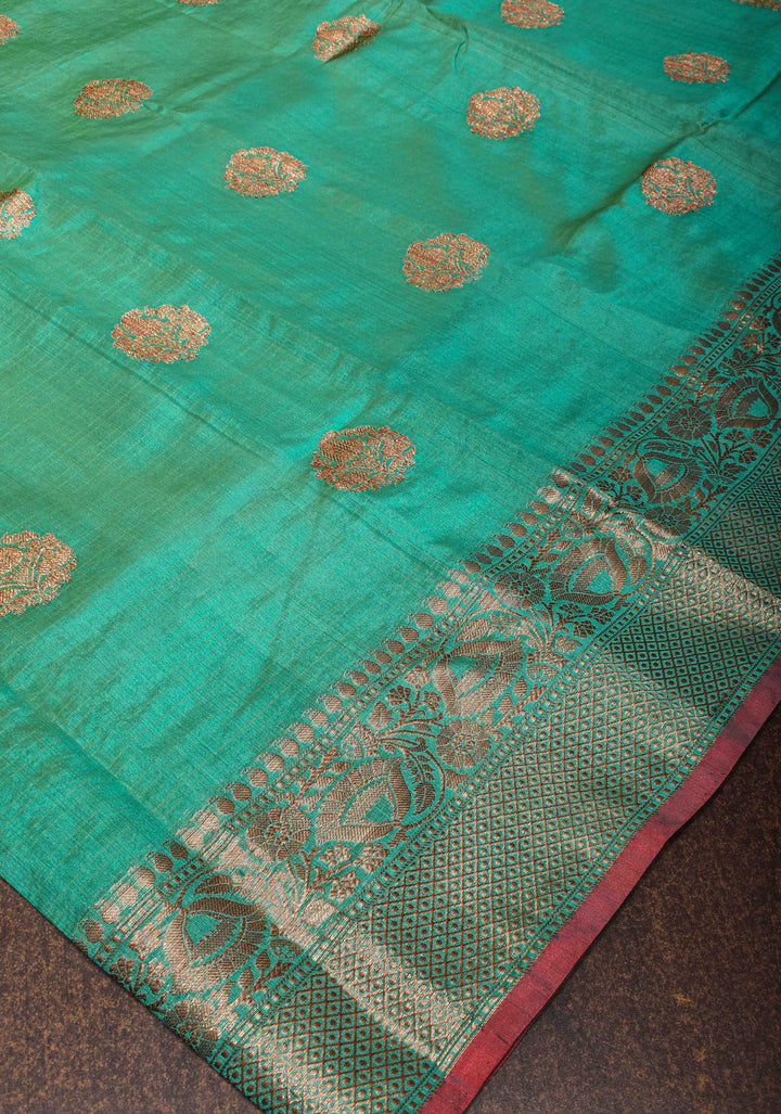 Green Pure Banarasi Raw Silk Saree with Antique Zari Buttas and Zari Border | SILK MARK CERTIFIED