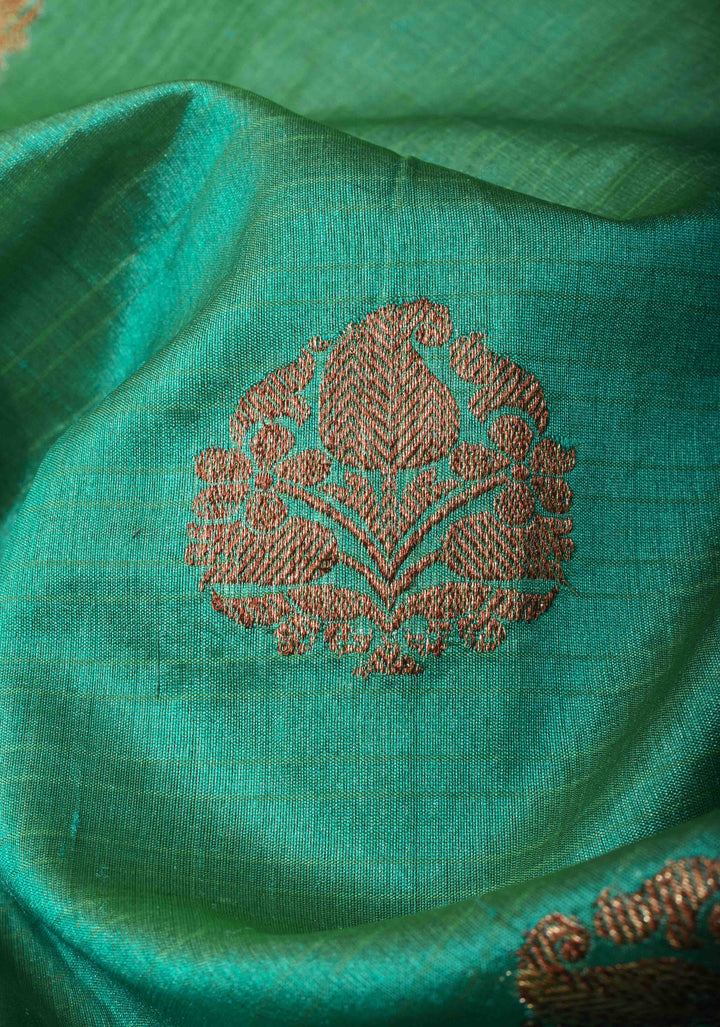 Green Pure Banarasi Raw Silk Saree with Antique Zari Buttas and Zari Border | SILK MARK CERTIFIED