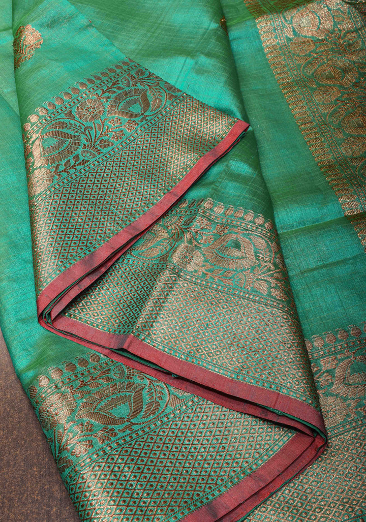 Green Pure Banarasi Raw Silk Saree with Antique Zari Buttas and Zari Border | SILK MARK CERTIFIED
