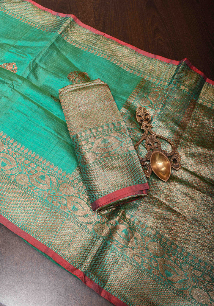 Green Pure Banarasi Raw Silk Saree with Antique Zari Buttas and Zari Border | SILK MARK CERTIFIED