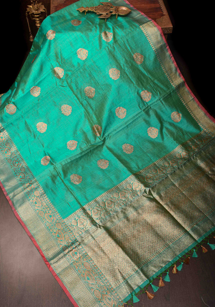 Green Pure Banarasi Raw Silk Saree with Antique Zari Buttas and Zari Border | SILK MARK CERTIFIED