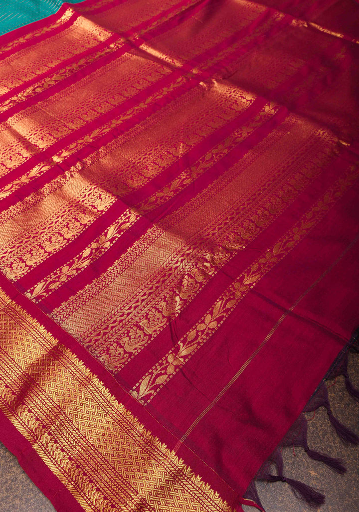 Zari Kattam Teal Cotton Silk Saree with Zari Checks and Contrast Zari Borders