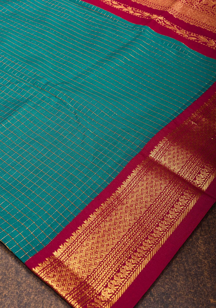 Zari Kattam Teal Cotton Silk Saree with Zari Checks and Contrast Zari Borders