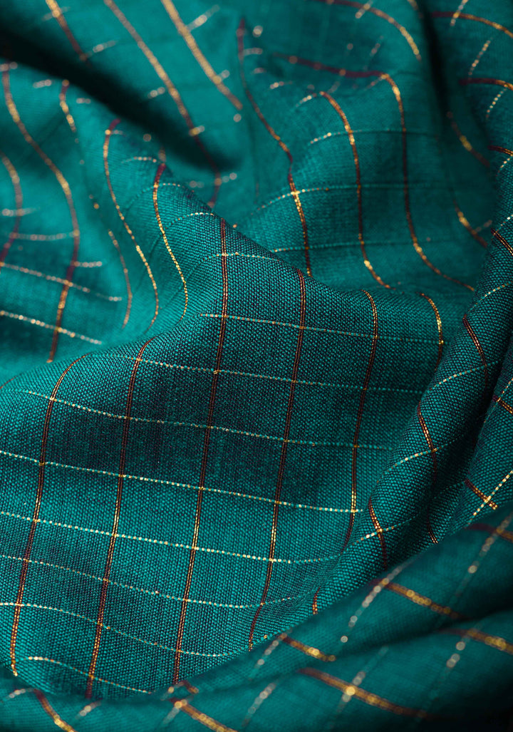 Zari Kattam Teal Cotton Silk Saree with Zari Checks and Contrast Zari Borders
