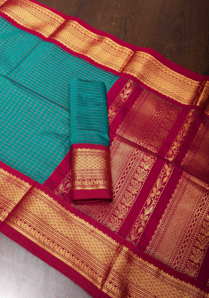Zari Kattam Teal Cotton Silk Saree with Zari Checks and Contrast Zari Borders