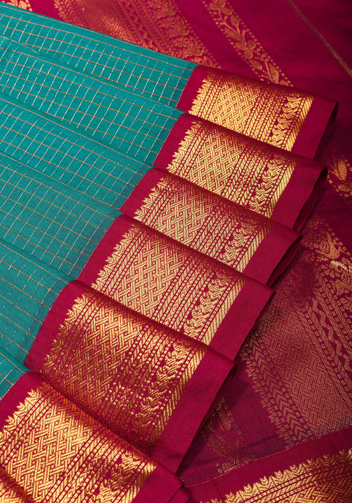 Zari Kattam Teal Cotton Silk Saree with Zari Checks and Contrast Zari Borders