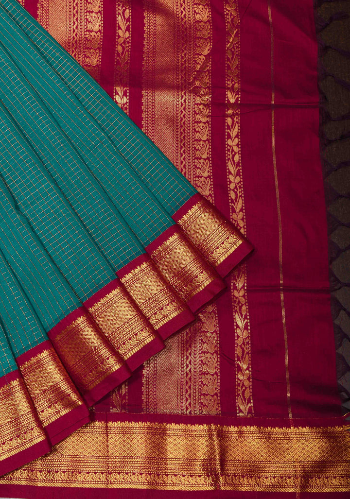 Zari Kattam Teal Cotton Silk Saree with Zari Checks and Contrast Zari Borders