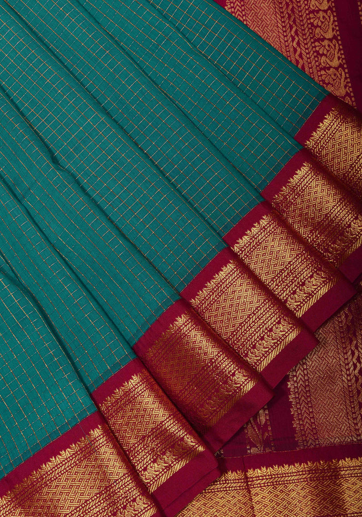 Zari Kattam Teal Cotton Silk Saree with Zari Checks and Contrast Zari Borders
