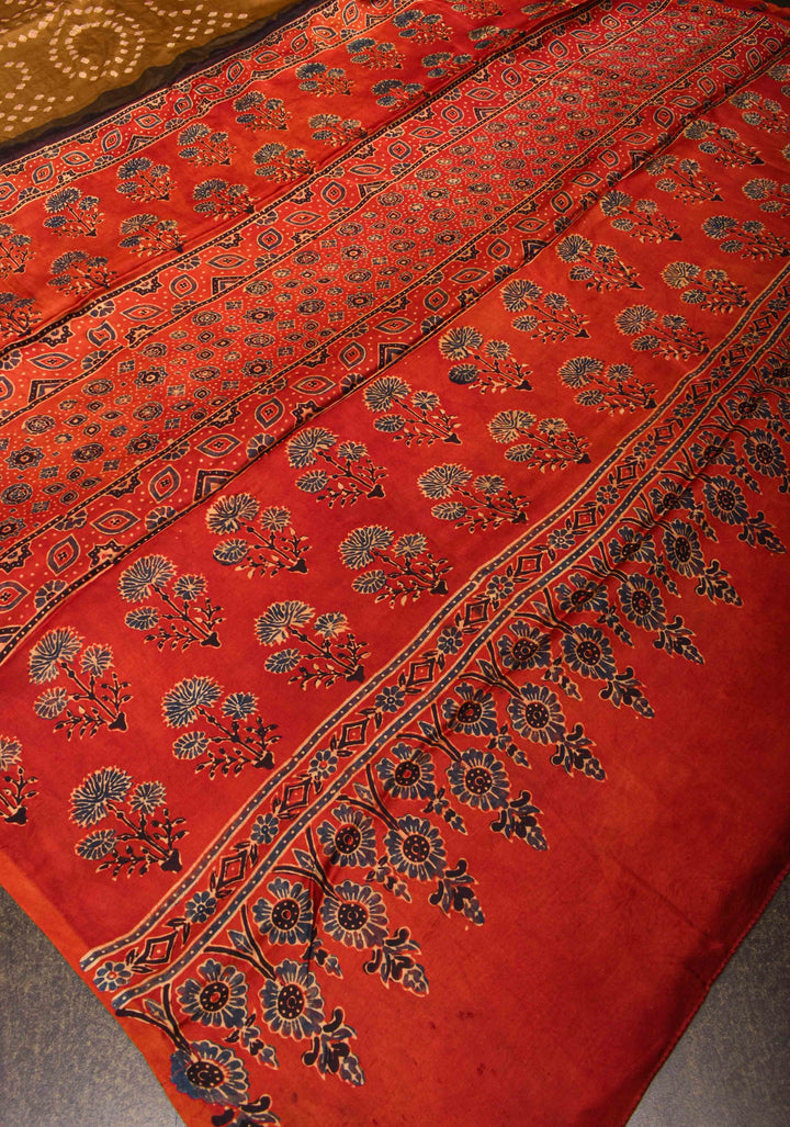 Sarkam bandhej on modal silk saree Henna Green with ajrakh handblock on pallu and border