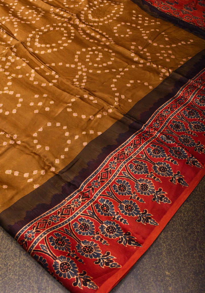 Sarkam bandhej on modal silk saree Henna Green with ajrakh handblock on pallu and border