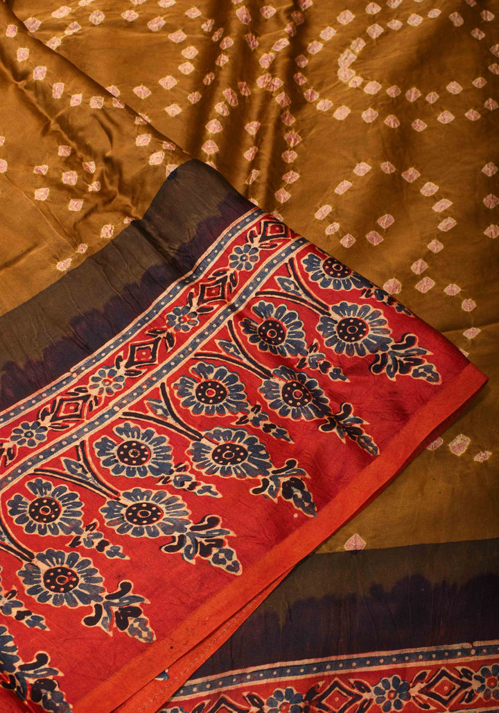 Sarkam bandhej on modal silk saree Henna Green with ajrakh handblock on pallu and border