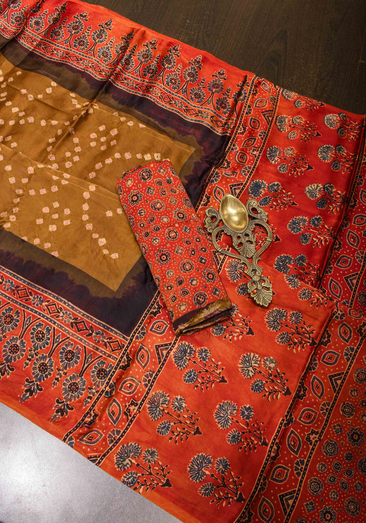 Sarkam bandhej on modal silk saree Henna Green with ajrakh handblock on pallu and border