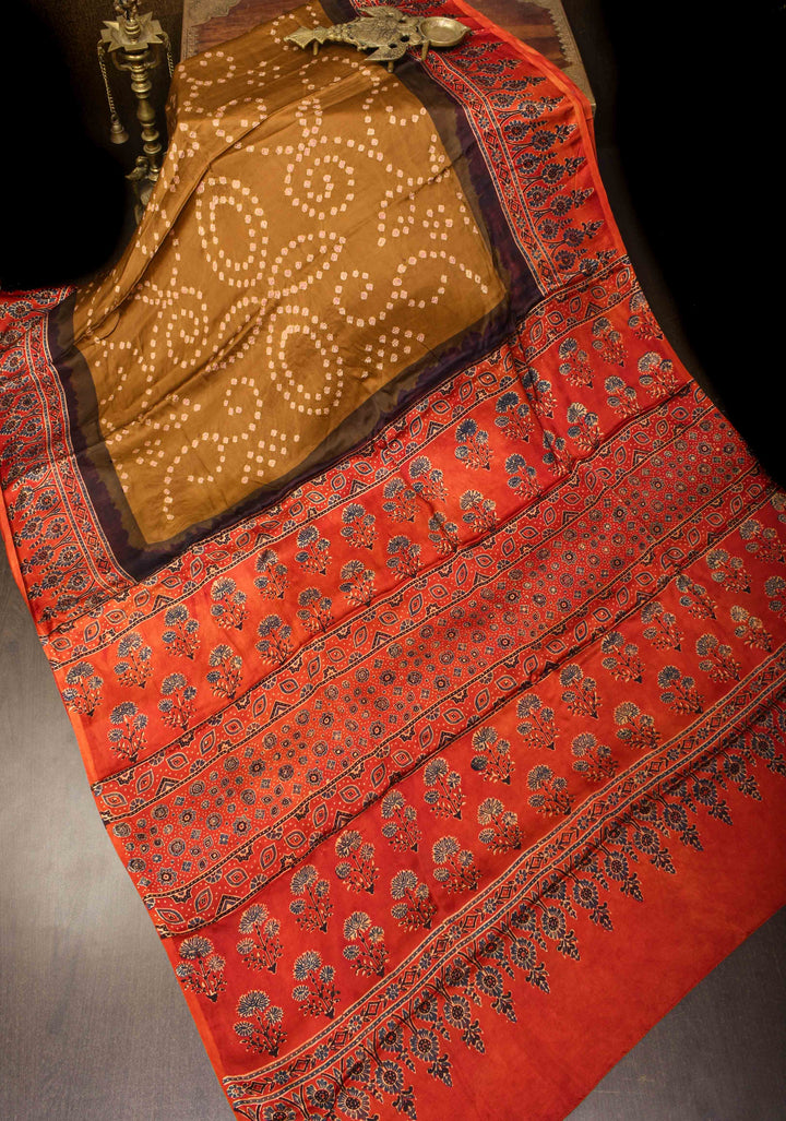 Sarkam bandhej on modal silk saree Henna Green with ajrakh handblock on pallu and border