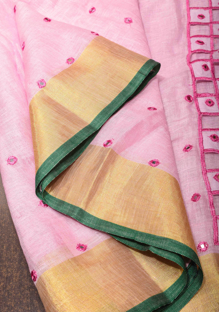 Jaali Pallu - Linen by Linen Cutwork and Mirrorwork Saree in Baby Pink and Zari Border