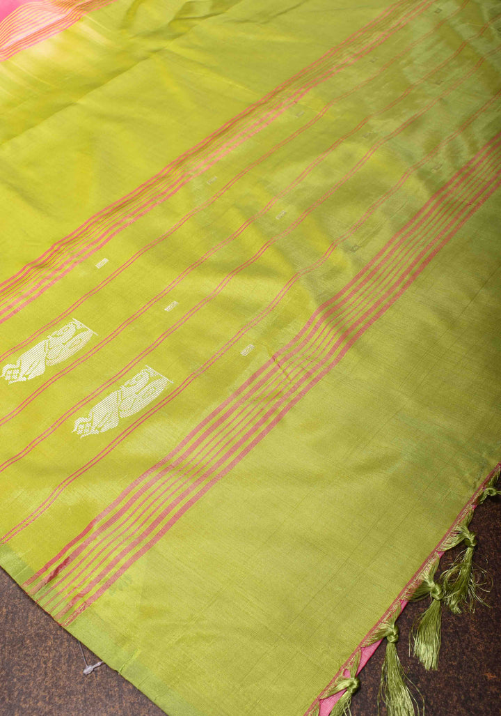Rose Pink Borderless Vegan Silk Handloom Saree with Resham Motifs and Contrast Pallu, No Blouse Piece