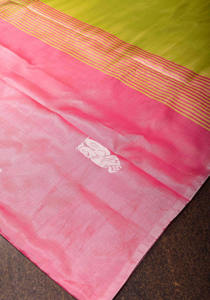 Rose Pink Borderless Vegan Silk Handloom Saree with Resham Motifs and Contrast Pallu, No Blouse Piece