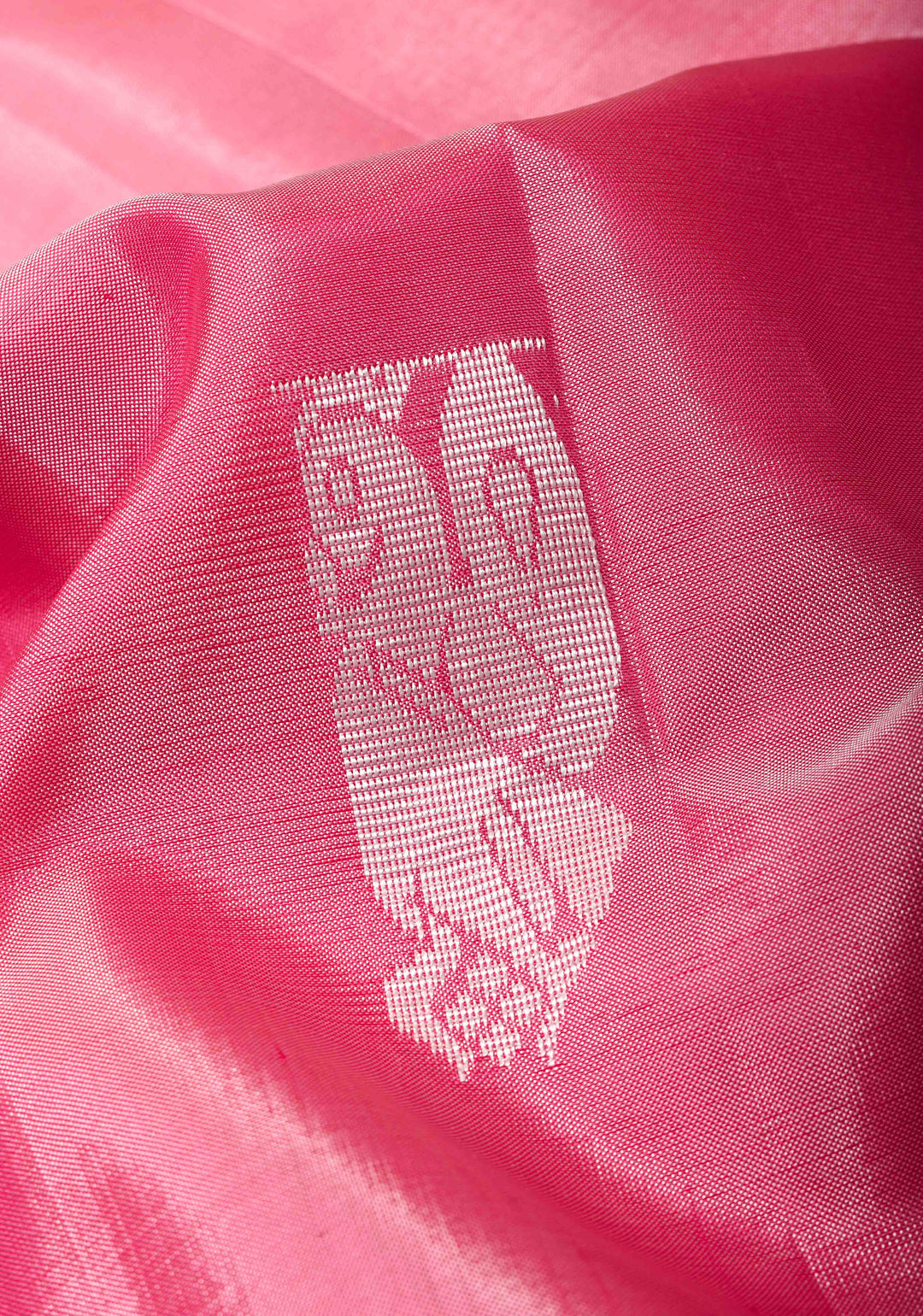 Rose Pink Borderless Vegan Silk Handloom Saree with Resham Motifs and Contrast Pallu, No Blouse Piece