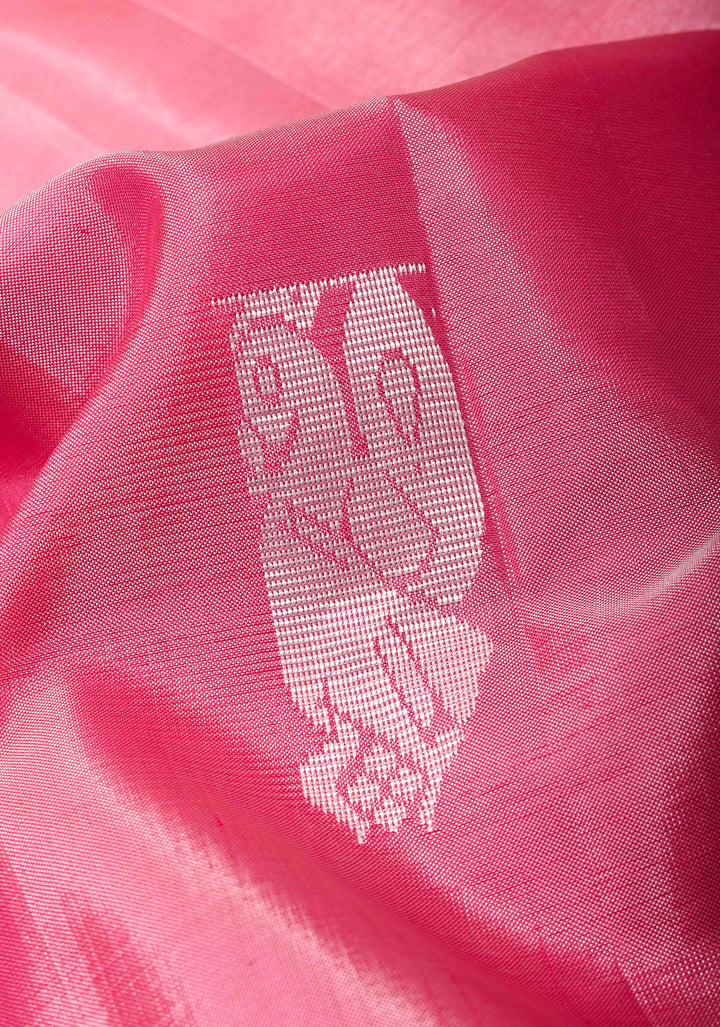 Rose Pink Borderless Vegan Silk Handloom Saree with Resham Motifs and Contrast Pallu, No Blouse Piece