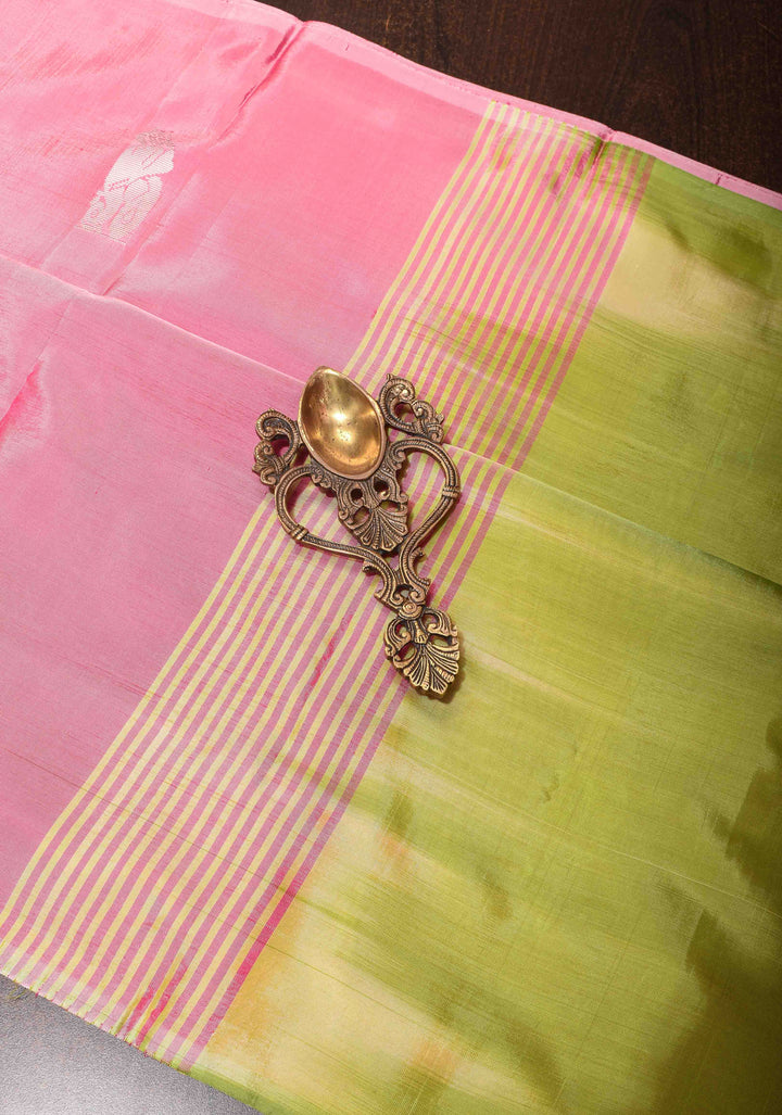 Rose Pink Borderless Vegan Silk Handloom Saree with Resham Motifs and Contrast Pallu, No Blouse Piece